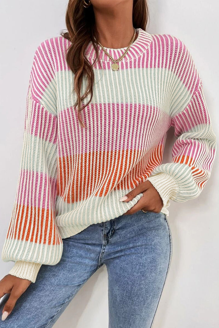 Pink Colorblock Textured Knit Bubble Sleeve Sweater Sweaters & Cardigans/Sweaters