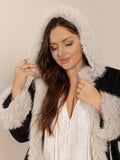 Plus Size Fuzzy Trim Open Front Long Sleeve Hooded Coat 