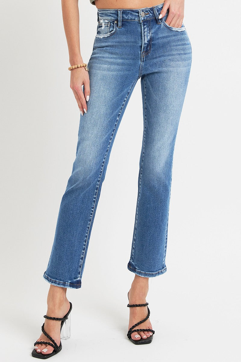 RISEN Full Size Mid Rise Ankle Straight Jeans with Pockets 