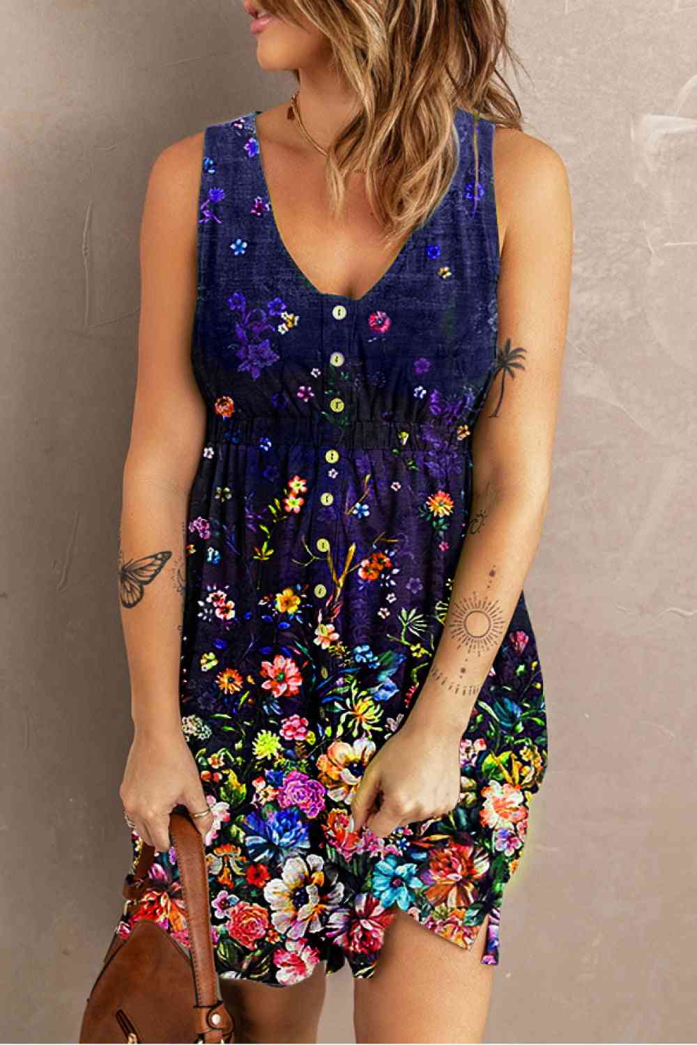 Double Take Scoop Neck Buttoned Sleeveless Magic Dress with Pockets 