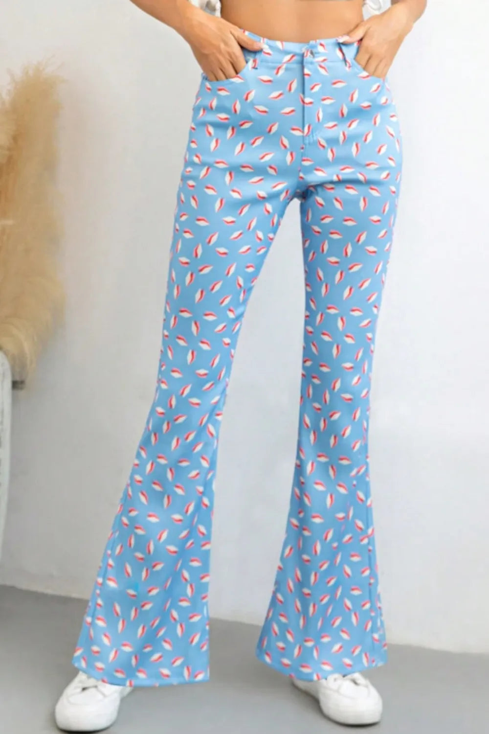 Printed High Waist Flare Pants with Pockets 