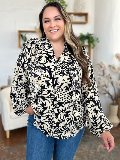 Double Take Full Size Printed Ruffle Trim Balloon Sleeve Shirt 