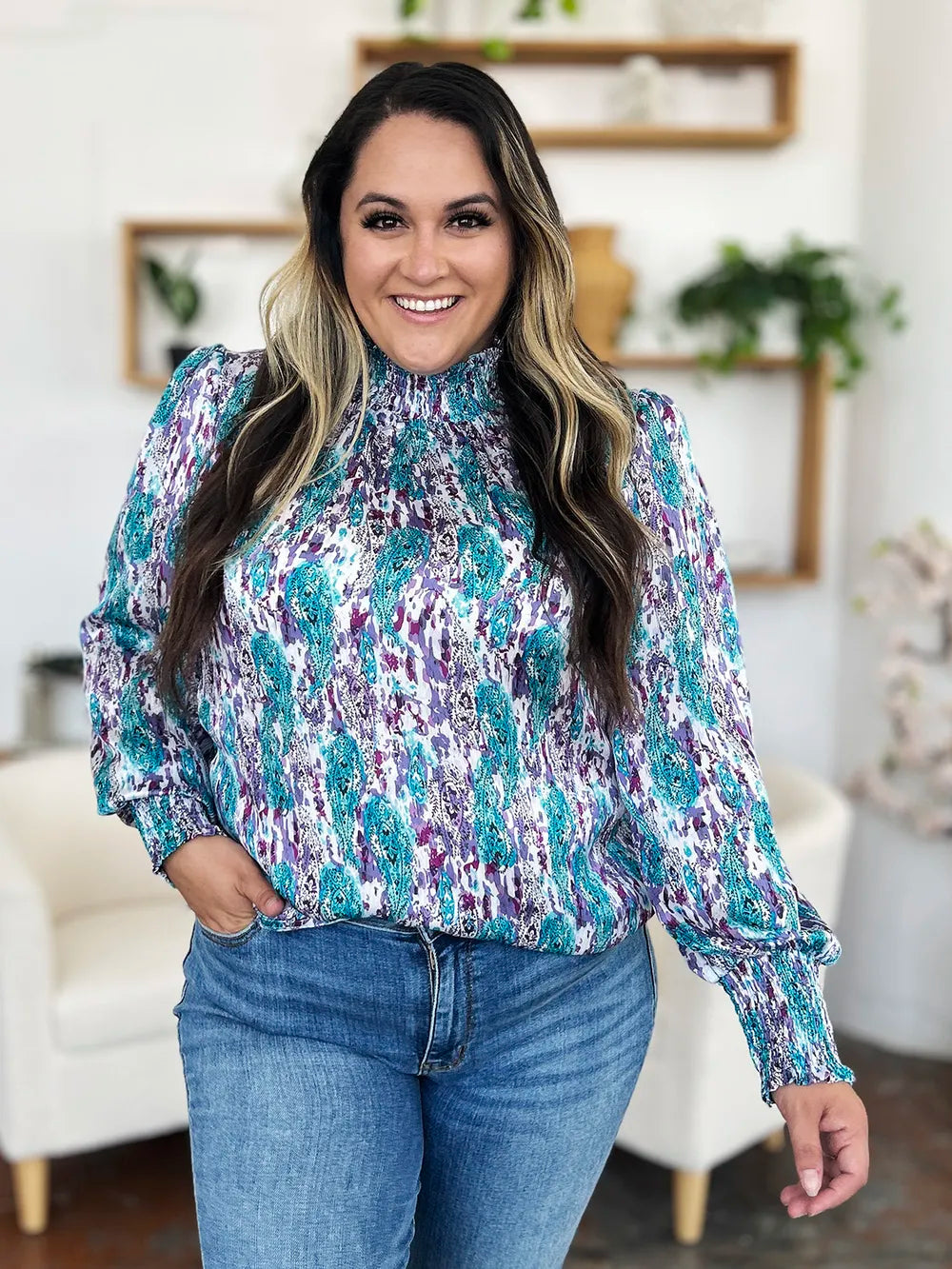 Double Take Full Size Printed Smocked Long Sleeve Blouse 