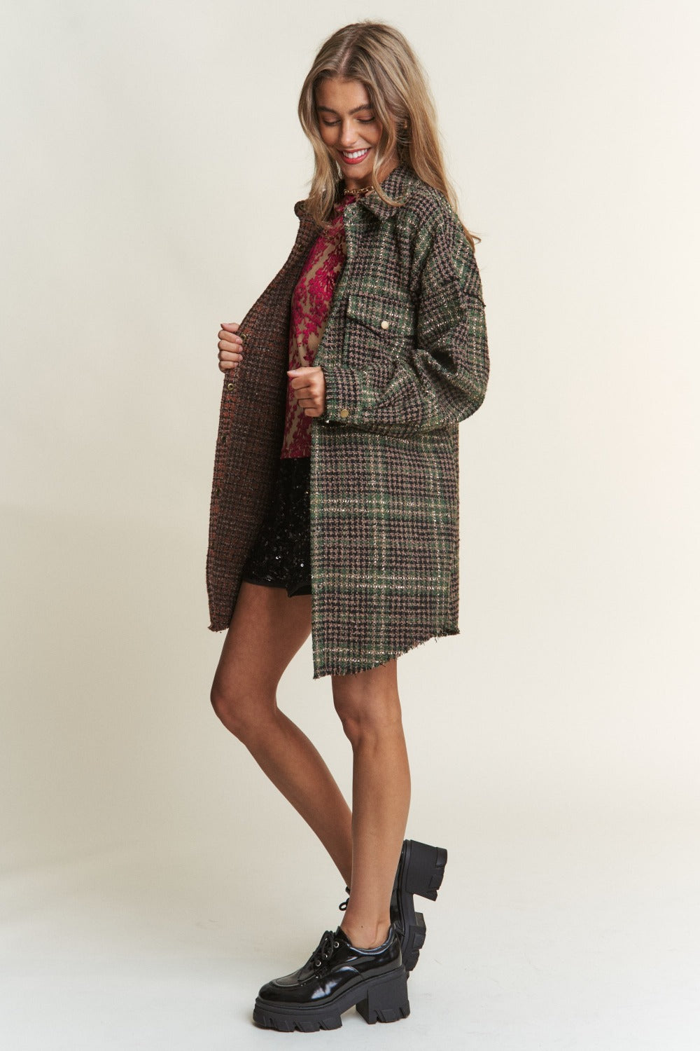 J.NNA Snap Down Tweed Plaid Contrast  Longline Shacket 