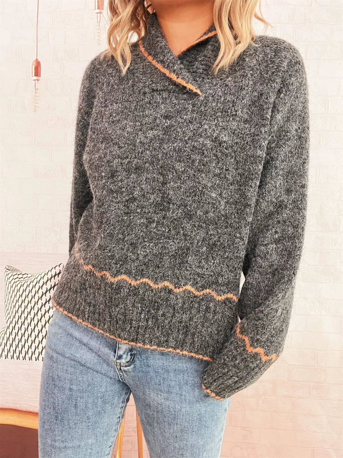 Ribbed Contrast Trim Long Sleeve Sweater 