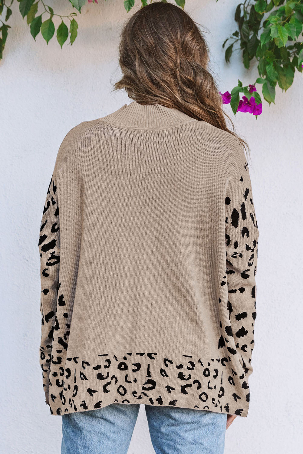 Gray Leopard High Neck Side Slit Oversized Sweater Sweaters & Cardigans/Sweaters