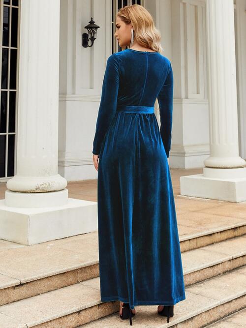 Tie Front Round Neck Long Sleeve Maxi Dress Dresses