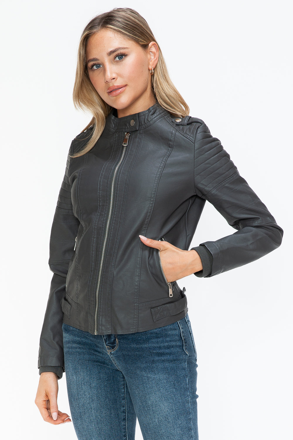 Snobbish PU Leather Biker Jacket with Side Zip Pockets 