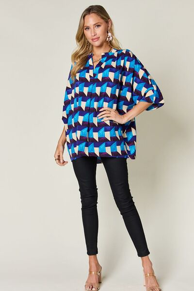 Double Take Full Size Geometric Notched Half Sleeve Blouse 