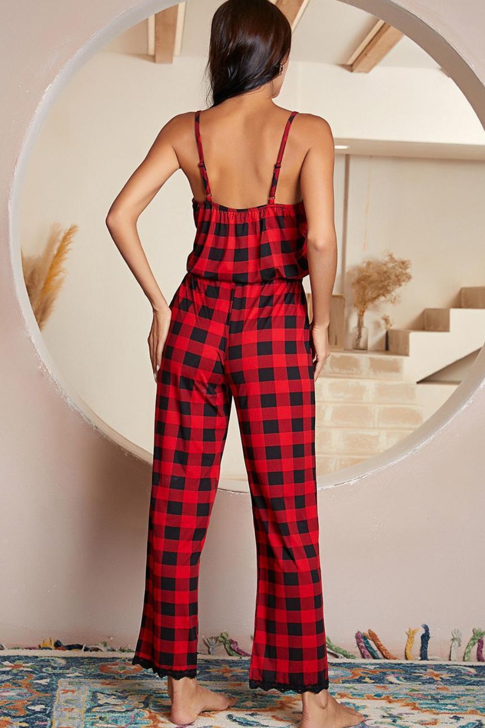 Plaid Lace Trim Spaghetti Strap Jumpsuit Lingerie & Nightwear