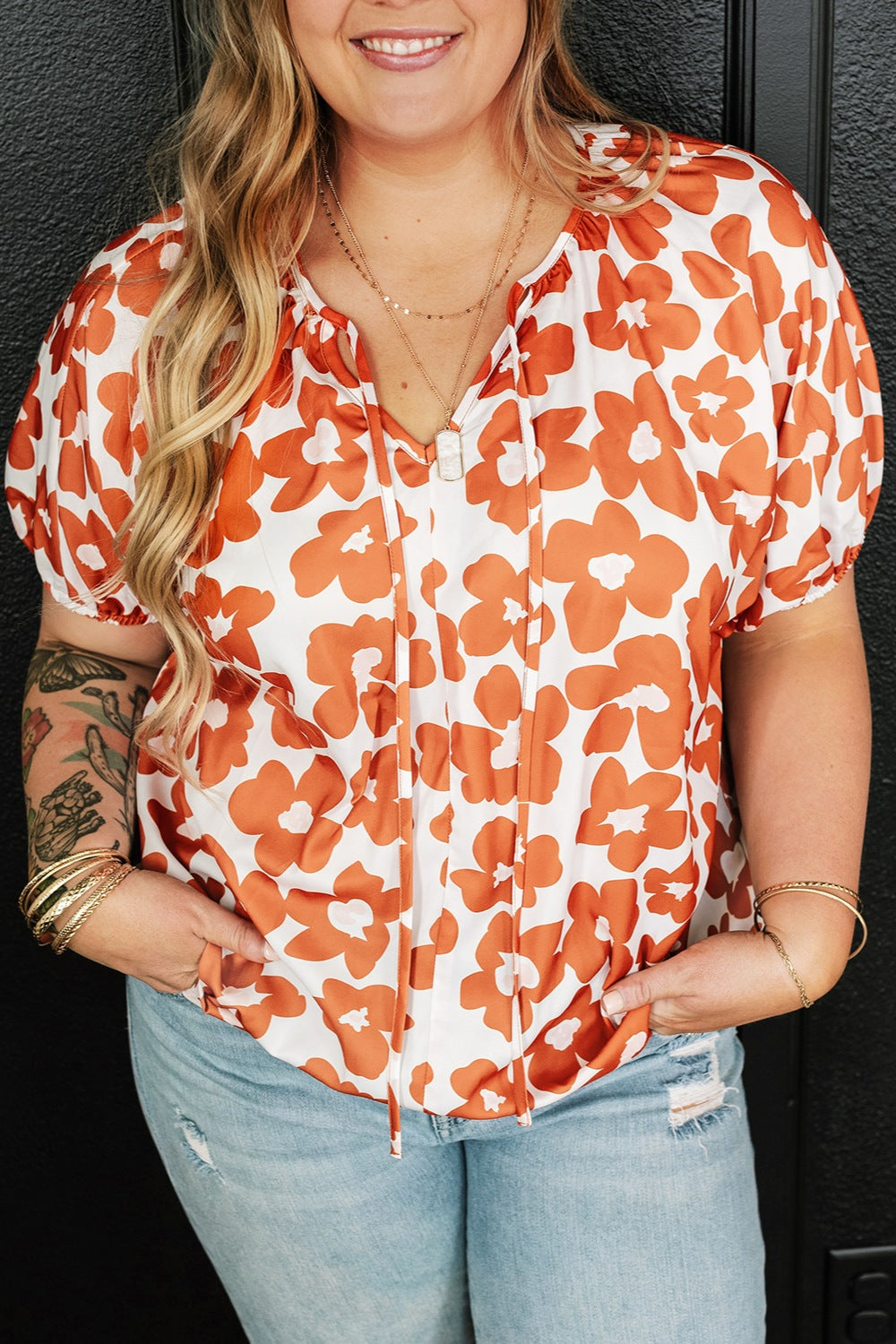 Plus Size Printed Tie Neck Short Sleeve Blouse 