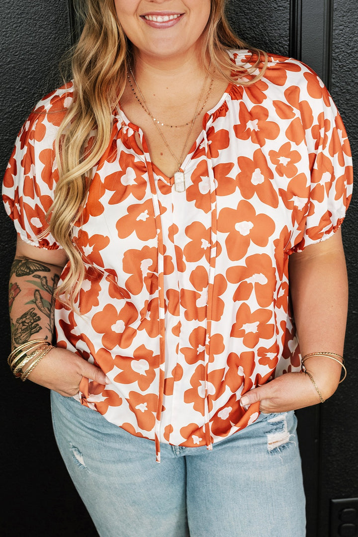 Plus Size Printed Tie Neck Short Sleeve Blouse 