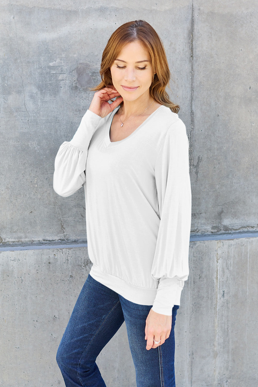 Basic Bae Full Size V-Neck Lantern Sleeve Top 