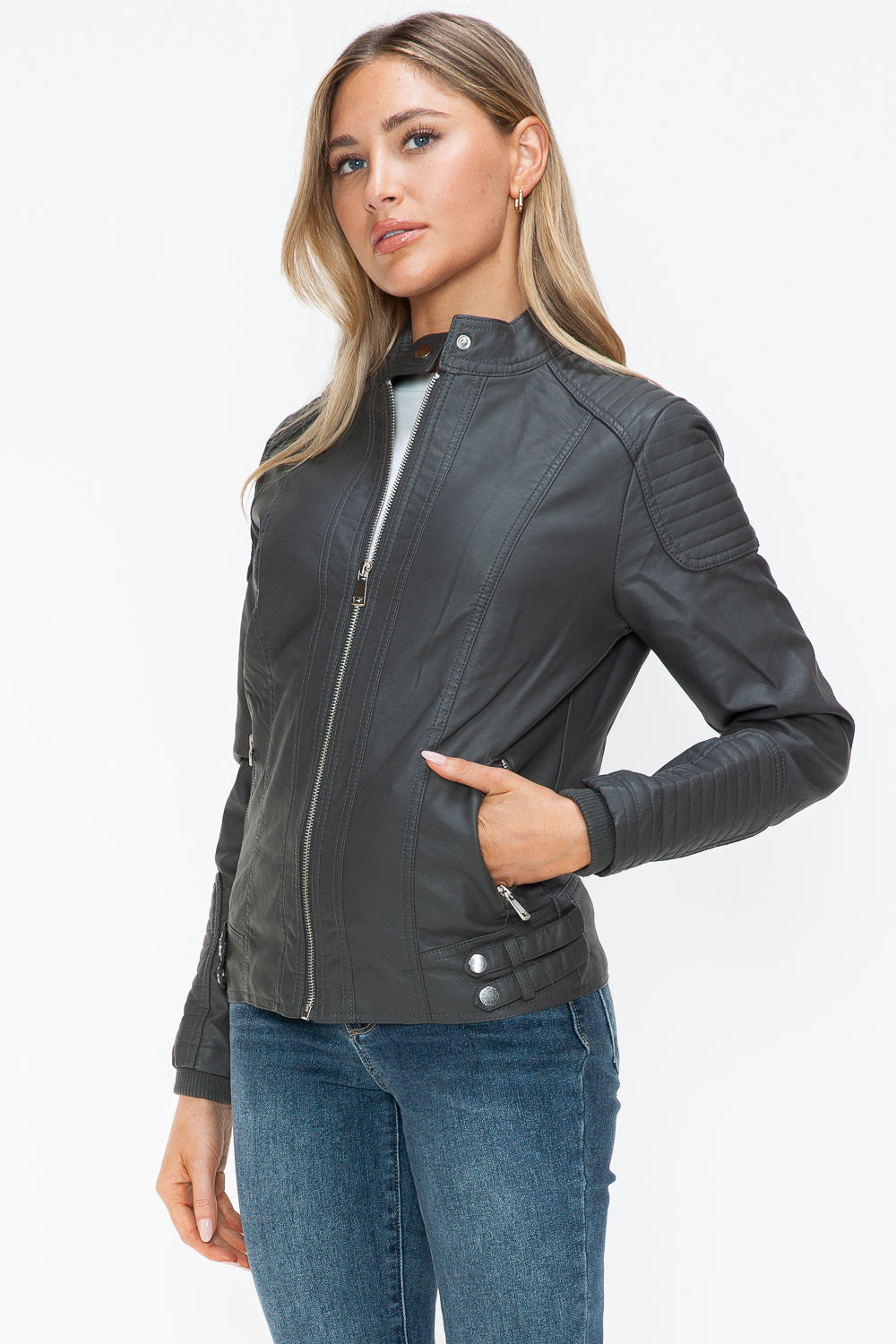 Snobbish Faux Leather Biker Jacket with Side Zip Pockets 