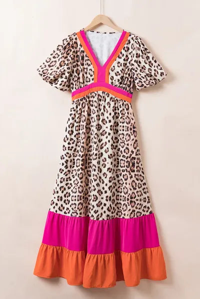 Full Size Leopard V-Neck Half Sleeve Maxi Dress Dresses