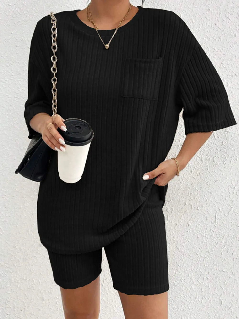 Ribbed Round Neck Top and Shorts Set Two Piece Dresses