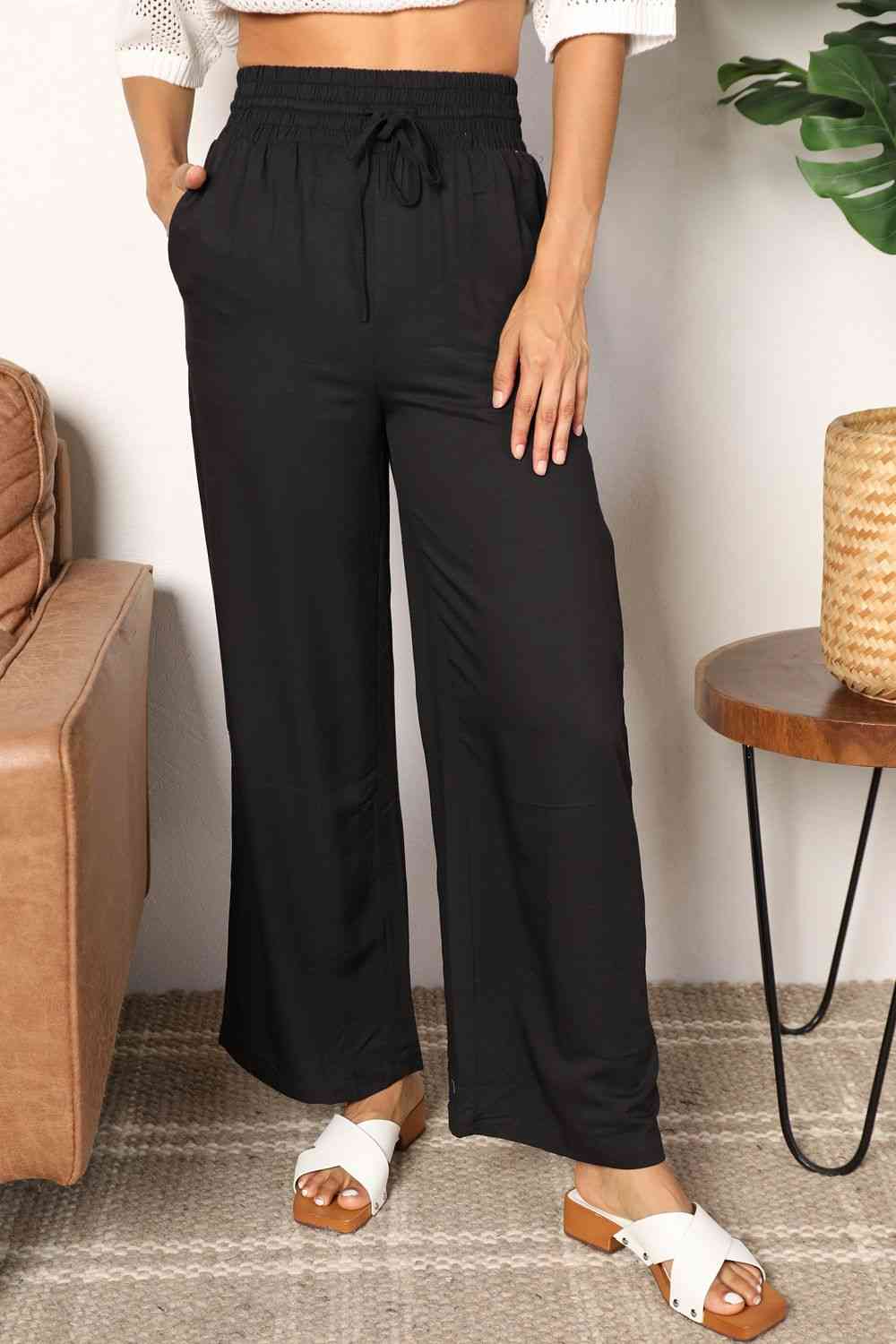 Double Take Drawstring Smocked Waist Wide Leg Pants 