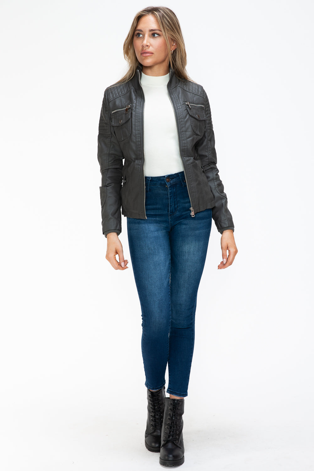YMI Removable Faux Layered Multi-Pocket Jacket with Fuzzy Hood 