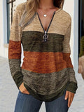 Color Block Quarter Zip Long Sleeve Blouse 
