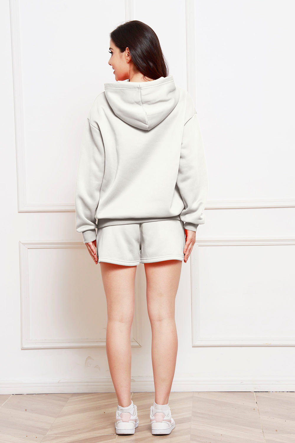 Drop Shoulder Long Sleeve Hoodie and Shorts Set 