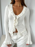 Ruffled Tie Front Flare Sleeve Shirt 