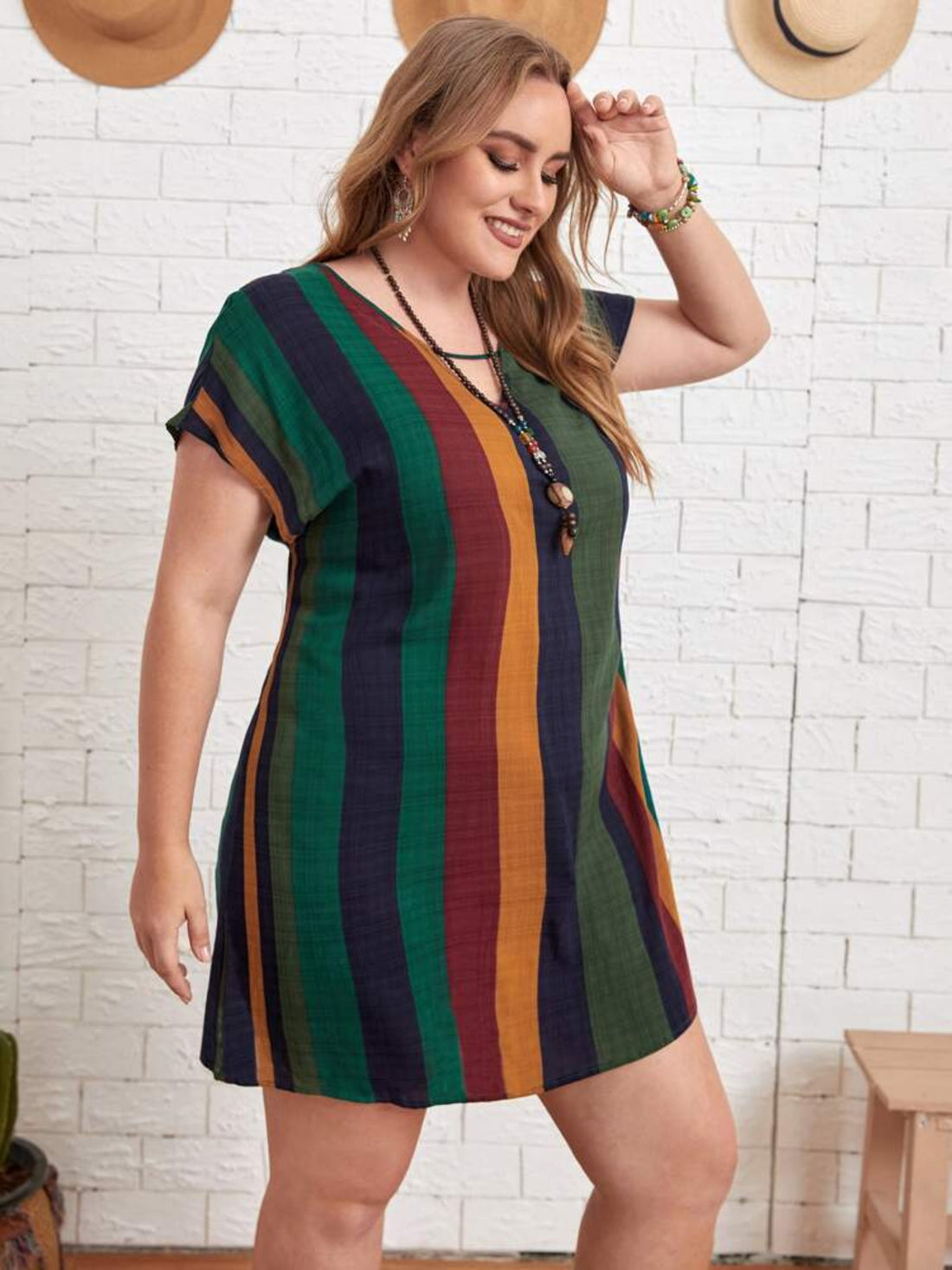 Plus Size Striped Short Sleeve Mini Dress 