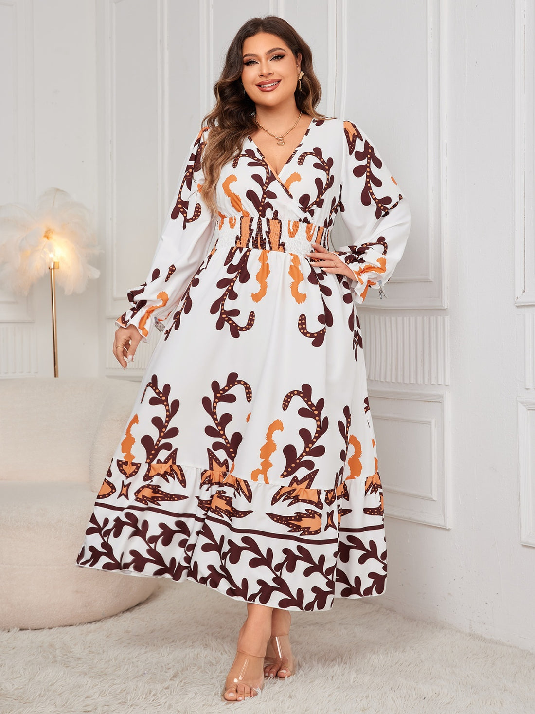 Honey Plus Size Printed Surplice Flounce Sleeve Dress 