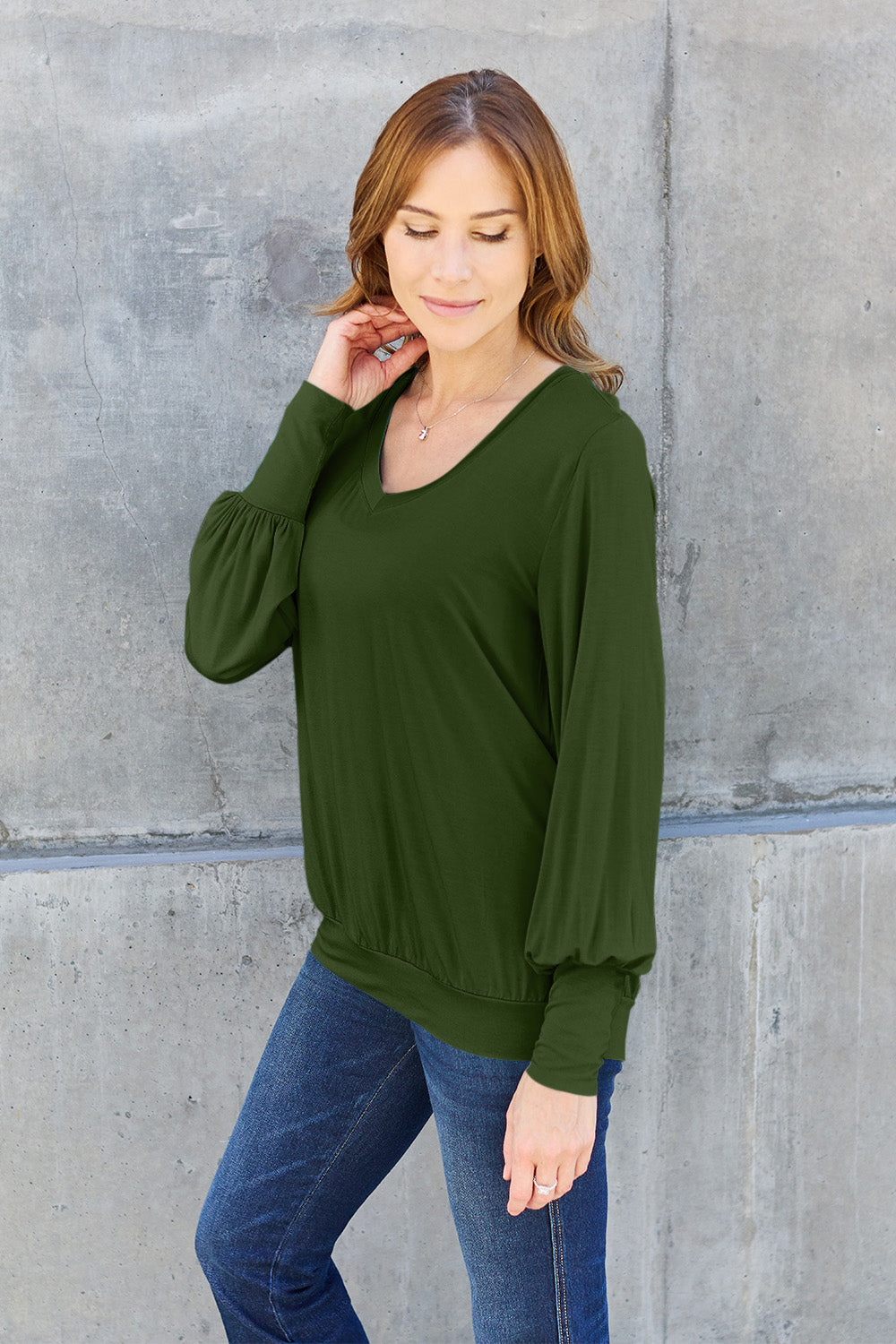 Basic Bae Full Size V-Neck Lantern Sleeve Top 