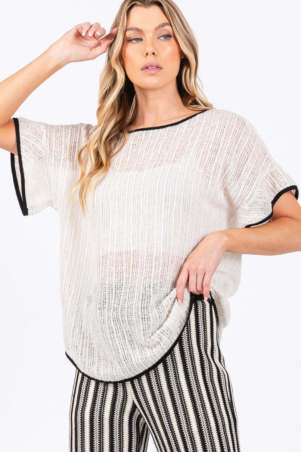 GeeGee Contrast Trim Short Sleeve Knit Cover Up 