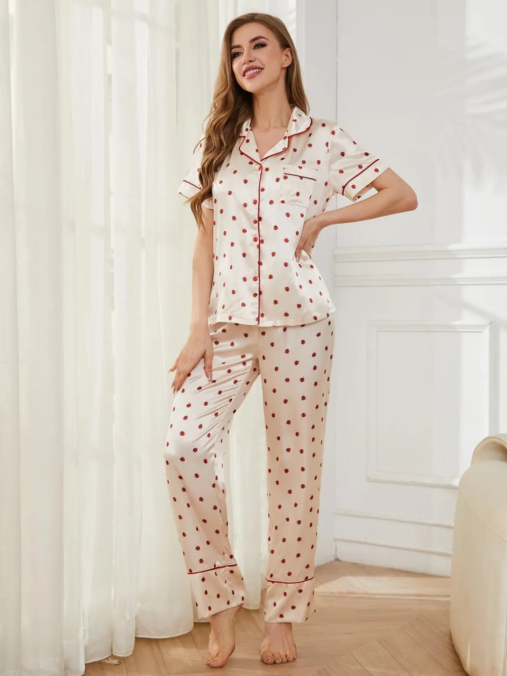 Contrast Piping Pocketed Top and Pants Lounge Set Lingerie & Nightwear