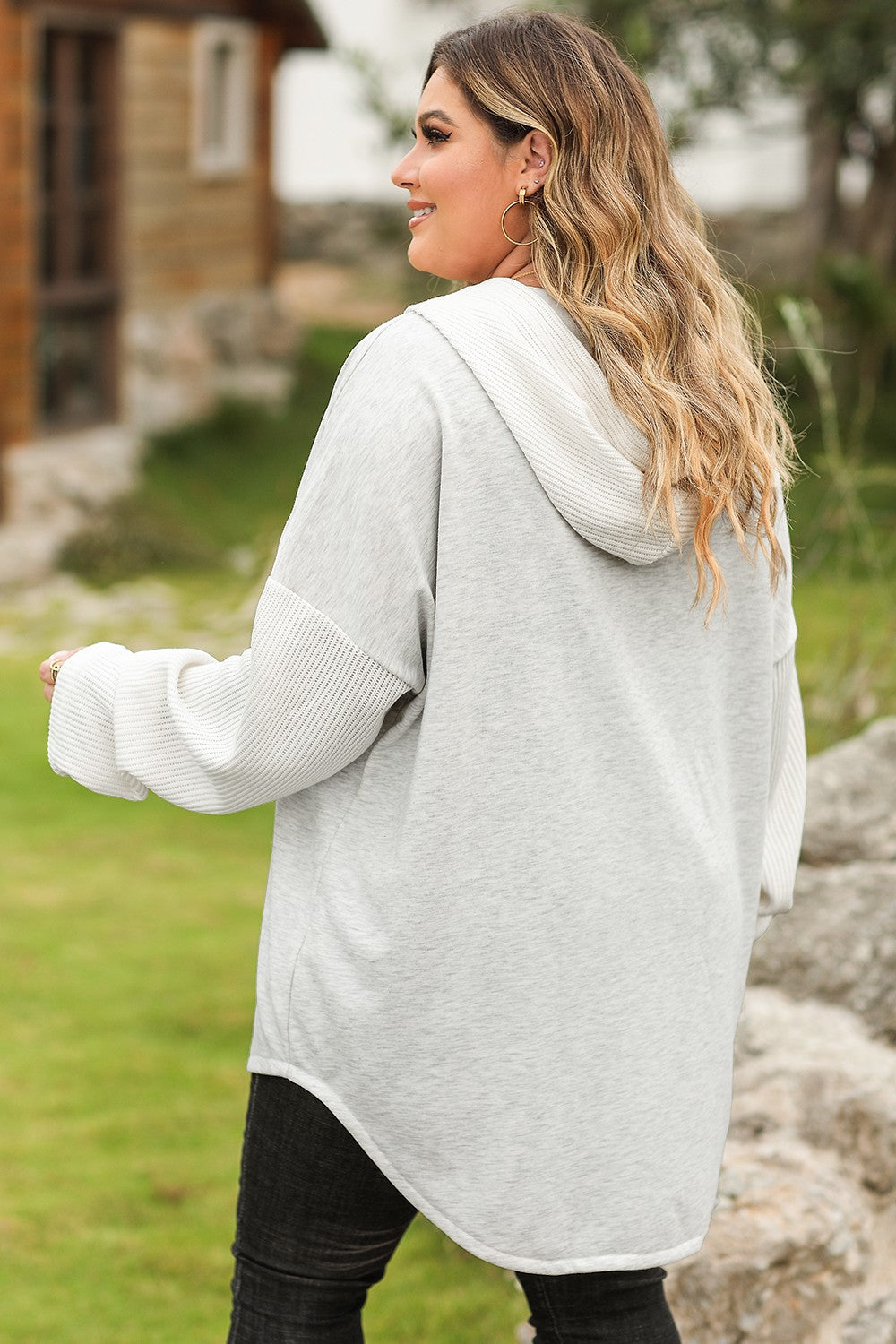 Plus Size Button Up Drawstring Long Sleeve Hoodie 
