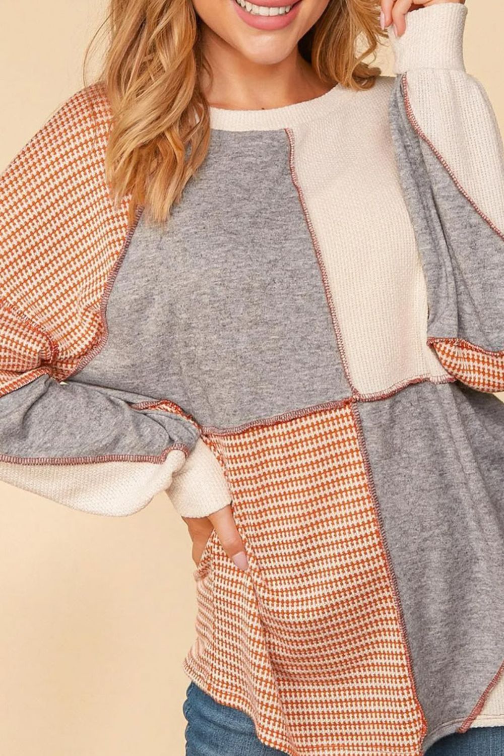 Exposed Seam Color Block Round Neck Top 