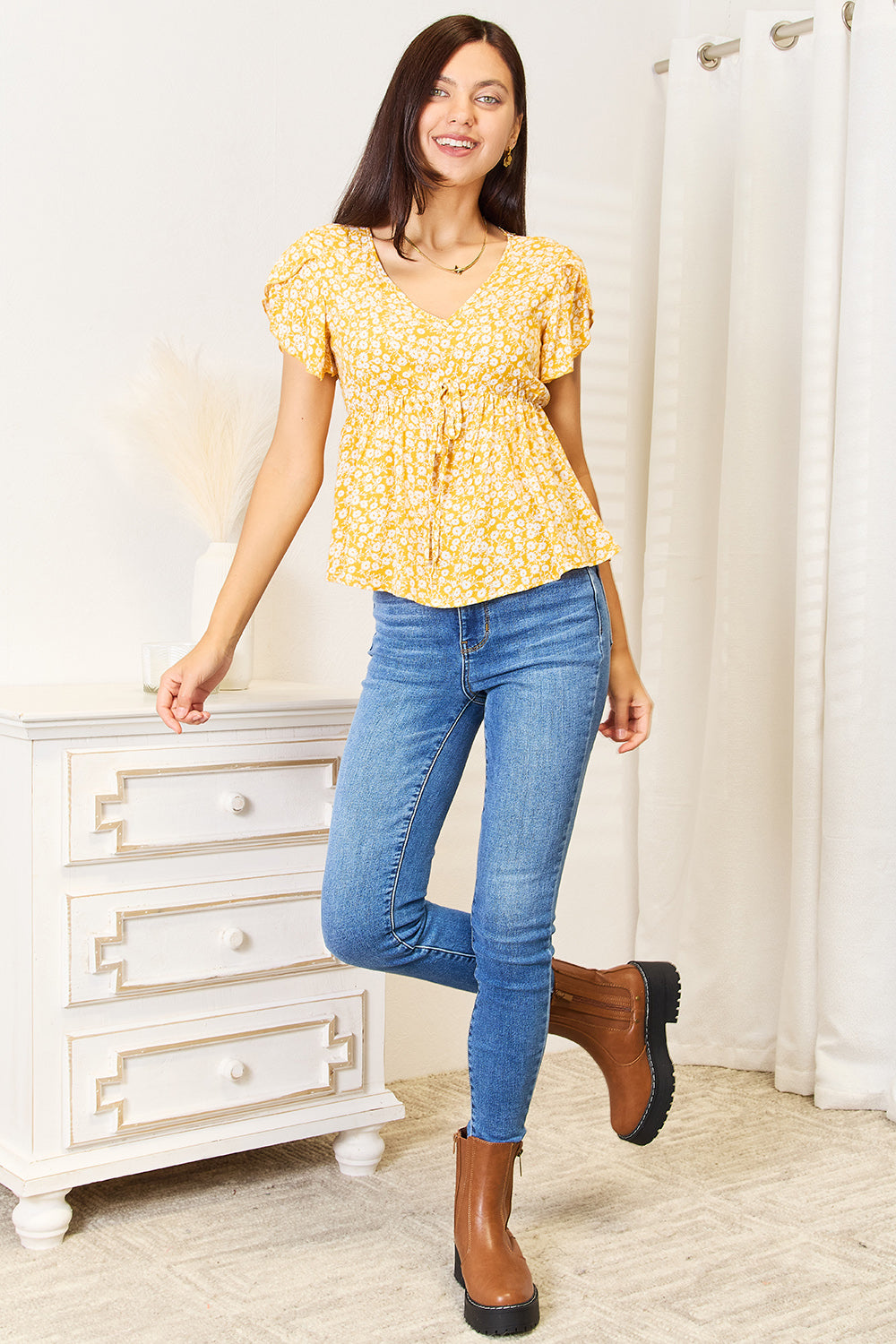 Floral Petal Sleeve Babydoll Top 