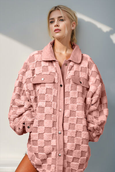 Double Take Button Up Fuzzy Checkered Shacket 