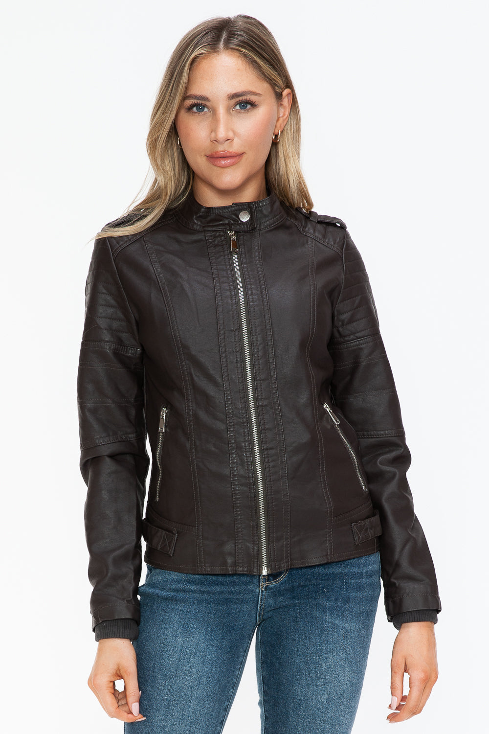 Snobbish PU Leather Biker Jacket with Side Zip Pockets 