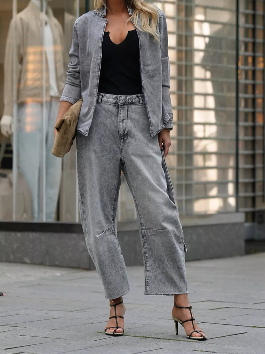 Long Sleeve Top and Wide Leg Jeans Denim Set 