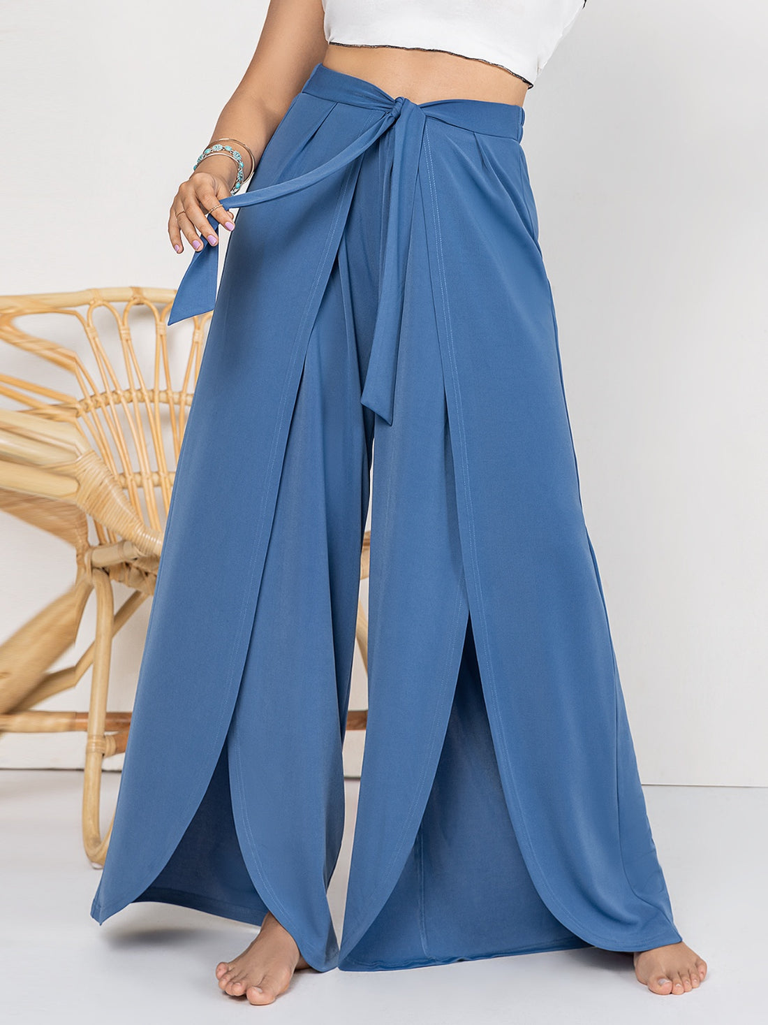 Plus Size Tied Slit Wide Leg Pants 