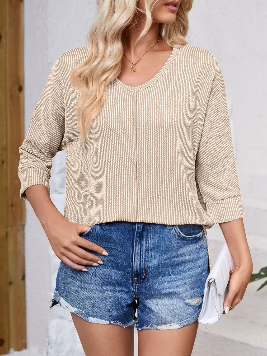 Lovelet Textured Round Neck Three-Quarter Sleeve Blouse 