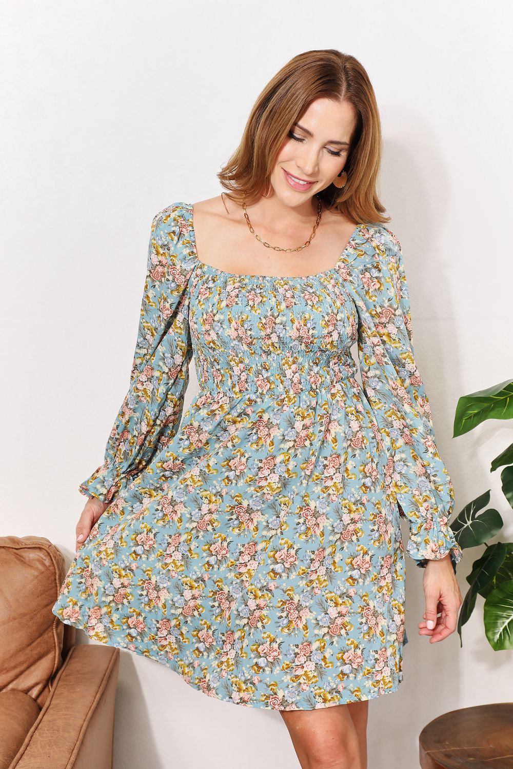 Honey Floral Smocked Flounce Sleeve Square Neck Dress 