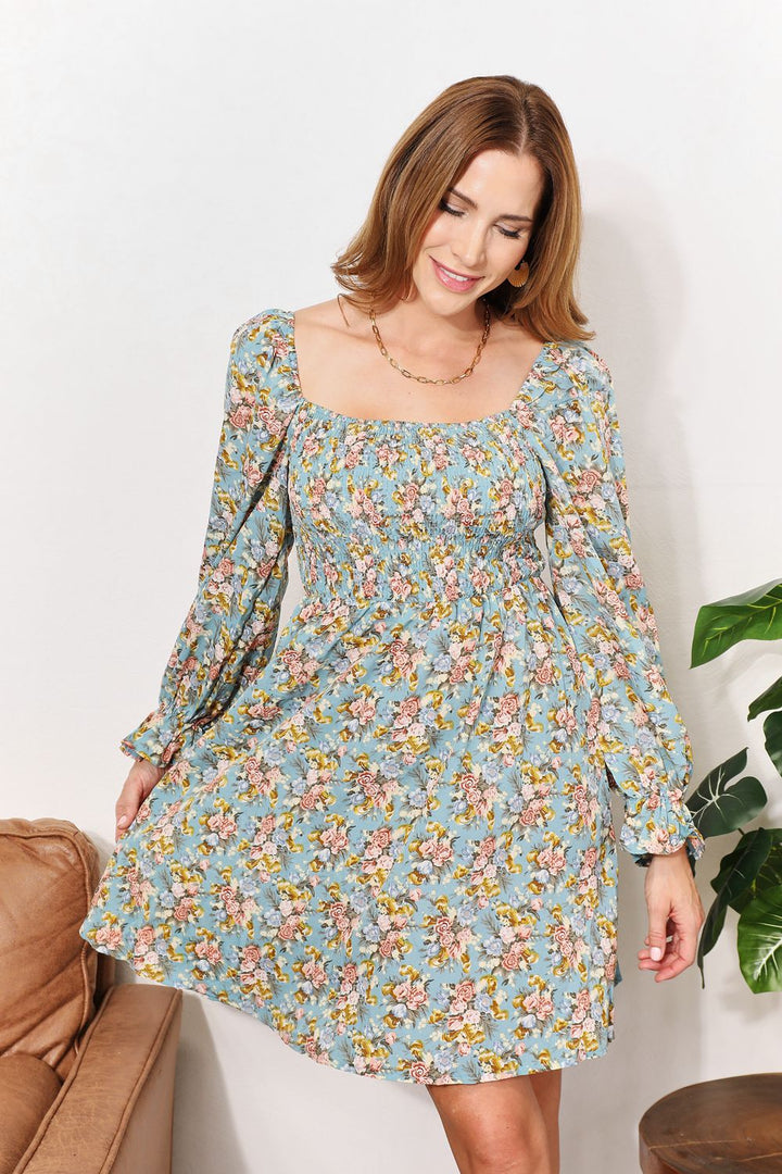 Honey Floral Smocked Flounce Sleeve Square Neck Dress 