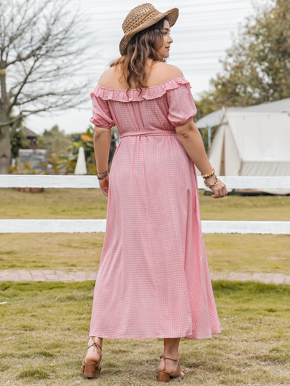 Plus Size Plaid Off-Shoulder Short Sleeve Midi Dress 