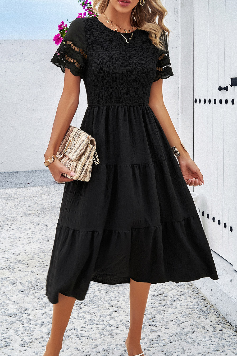 Devine Smocked Round Neck Short Sleeve Midi Dress 