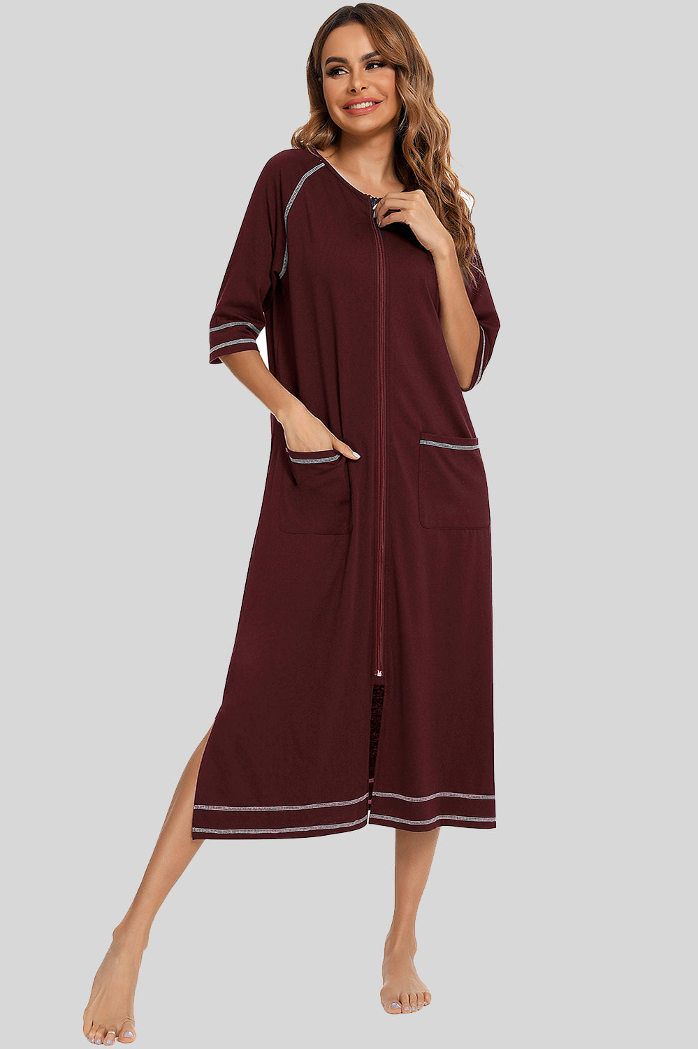 Zip Up Slit Round Neck Night Dress with Pockets 