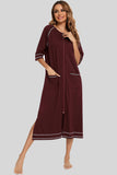 Zip Up Slit Round Neck Night Dress with Pockets 