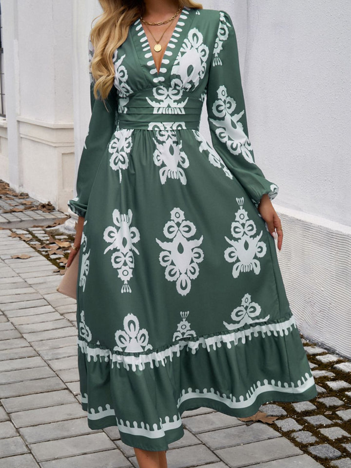 Devine Ruffled Printed Plunge Long Sleeve Dress 