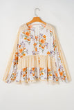 Plus Size Printed Tie Neck Long Sleeve Blouse 