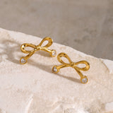 Stainless Steel Inlaid Zircon Bow Earrings 