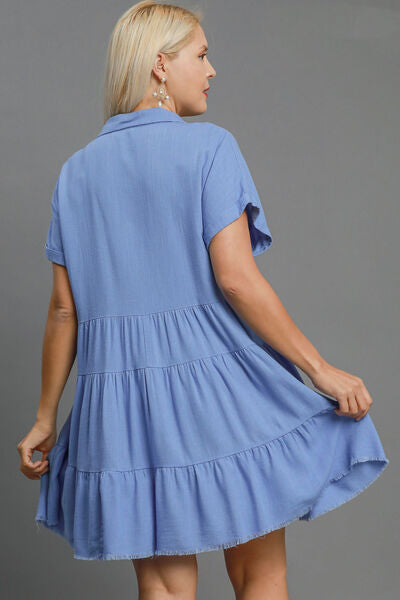 Umgee Full Size Raw Hem Folded Sleeve Tiered Dress Plus Size Dresses