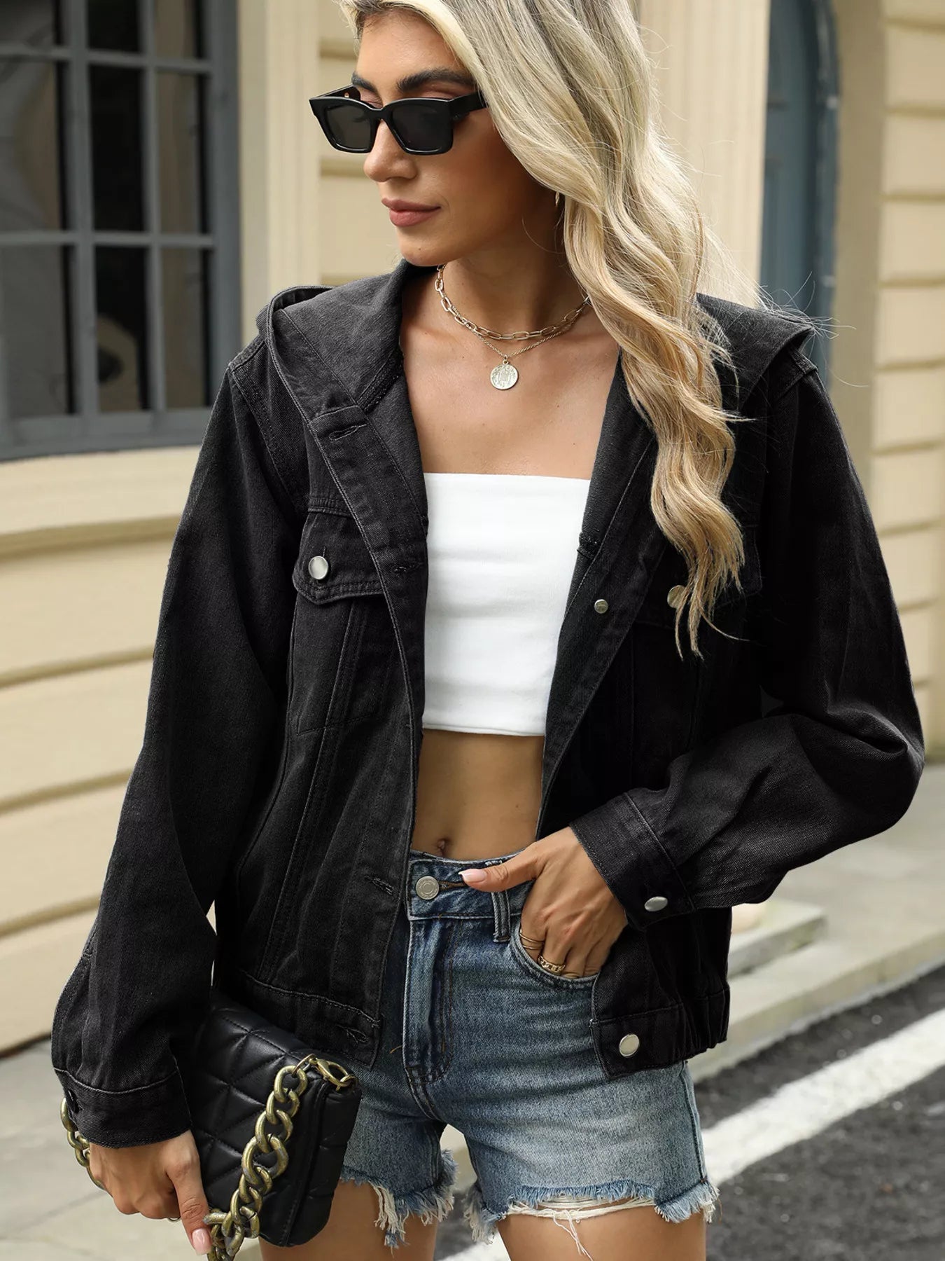 Washed Button Up Hooded Denim Jacket 