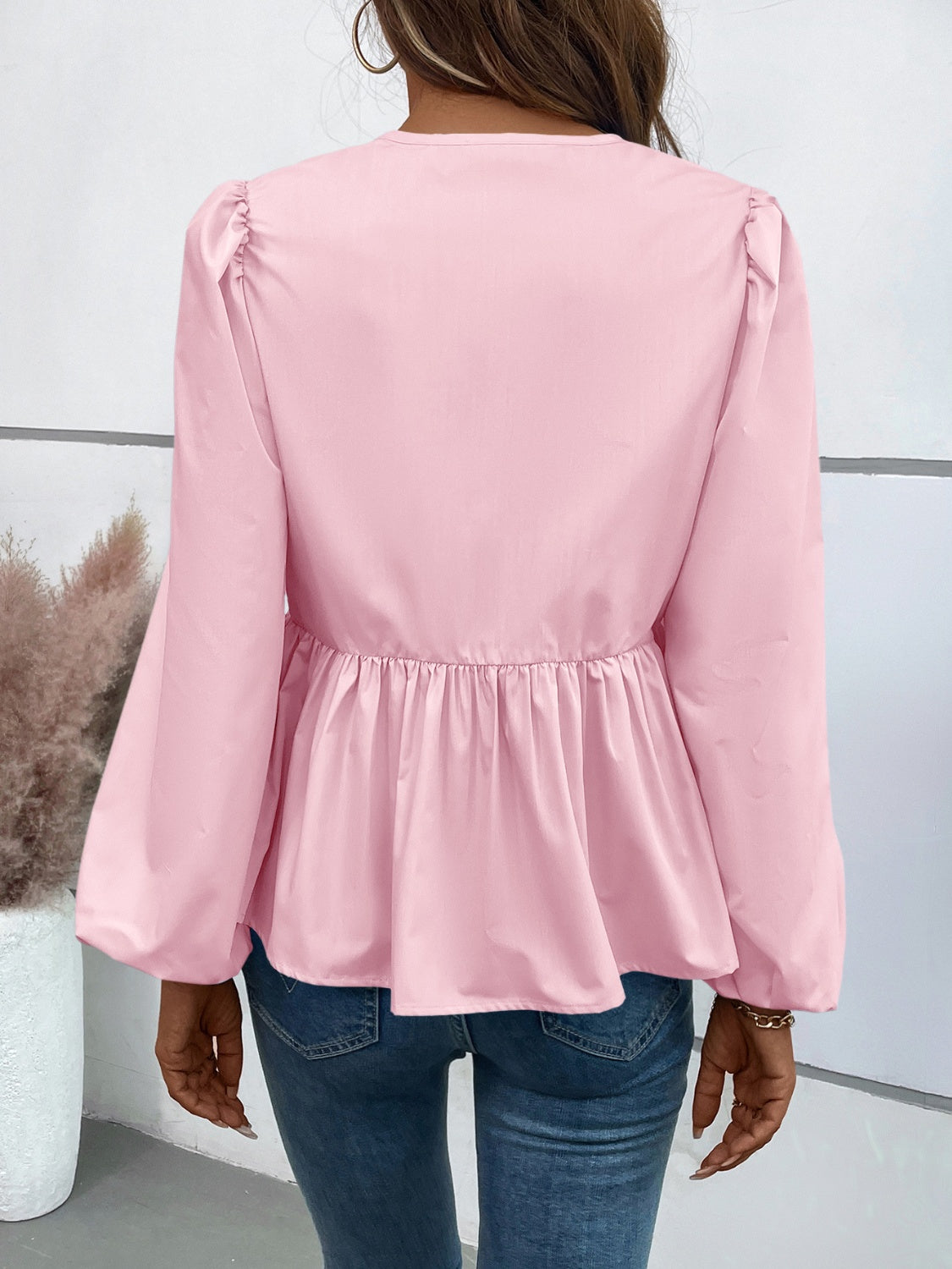 Ivy Lane Peplum Tied Long Sleeve Blouse 